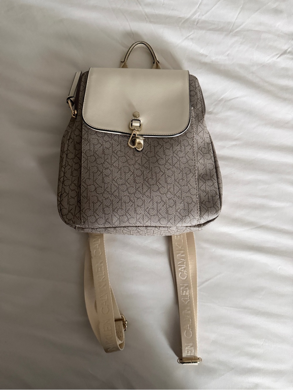 Calvin Klein Taupe Monogram Backpack with Cream Flap